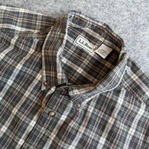 L.L.Bean Shirt Mens XL Tall Tan Brown Plaid Button Down‎ Short Sleeve Cotton